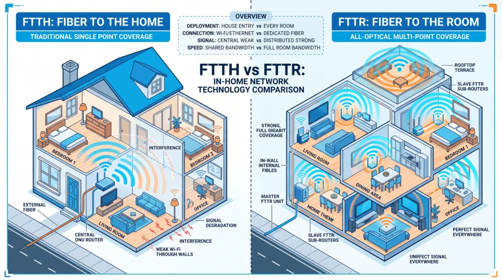 เปรียบเทียบการทำงานระหว่าง FTTH และ FTTR ในอาคาร